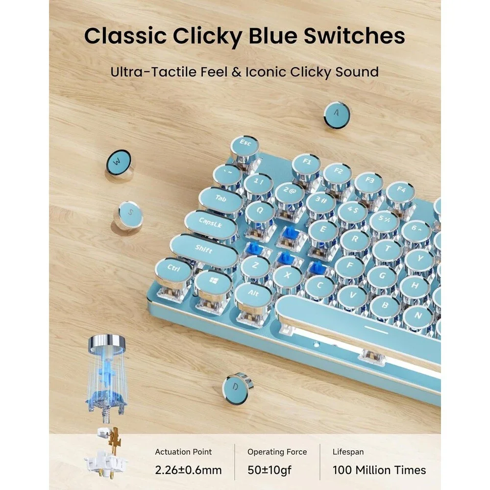 Wireless Typewriter Style Mechanical Keyboard with White Backlit, Blue | Bluetoo